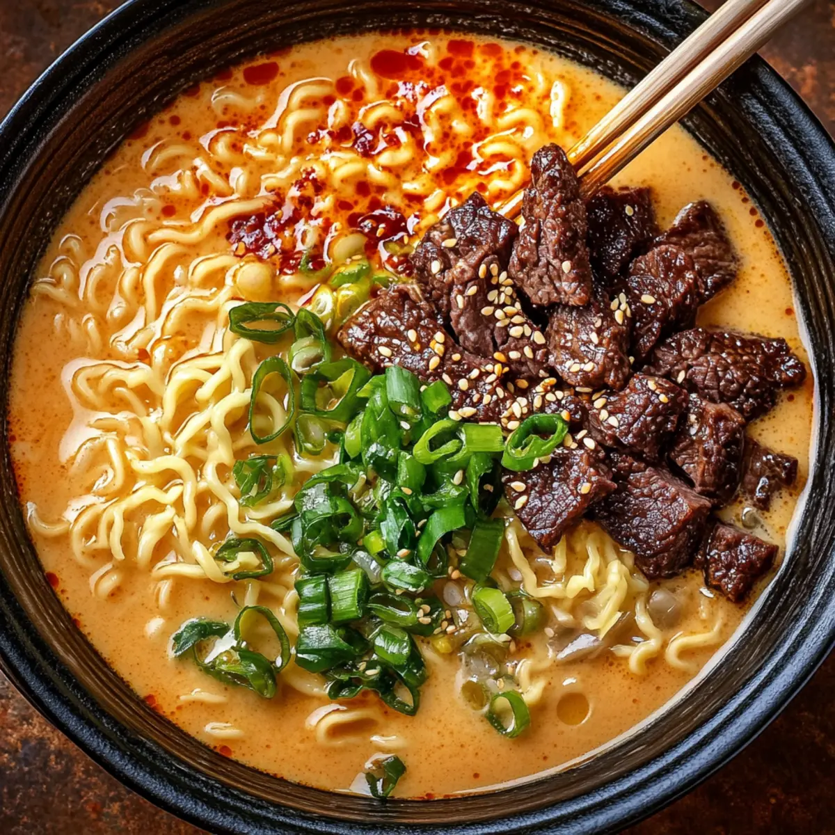 Spicy Korean Ramen with Grilled Beef and Creamy Sauce