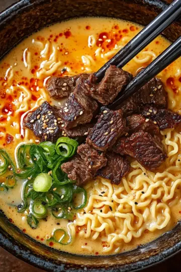 Spicy Korean Ramen with Grilled Beef and Creamy Sauce