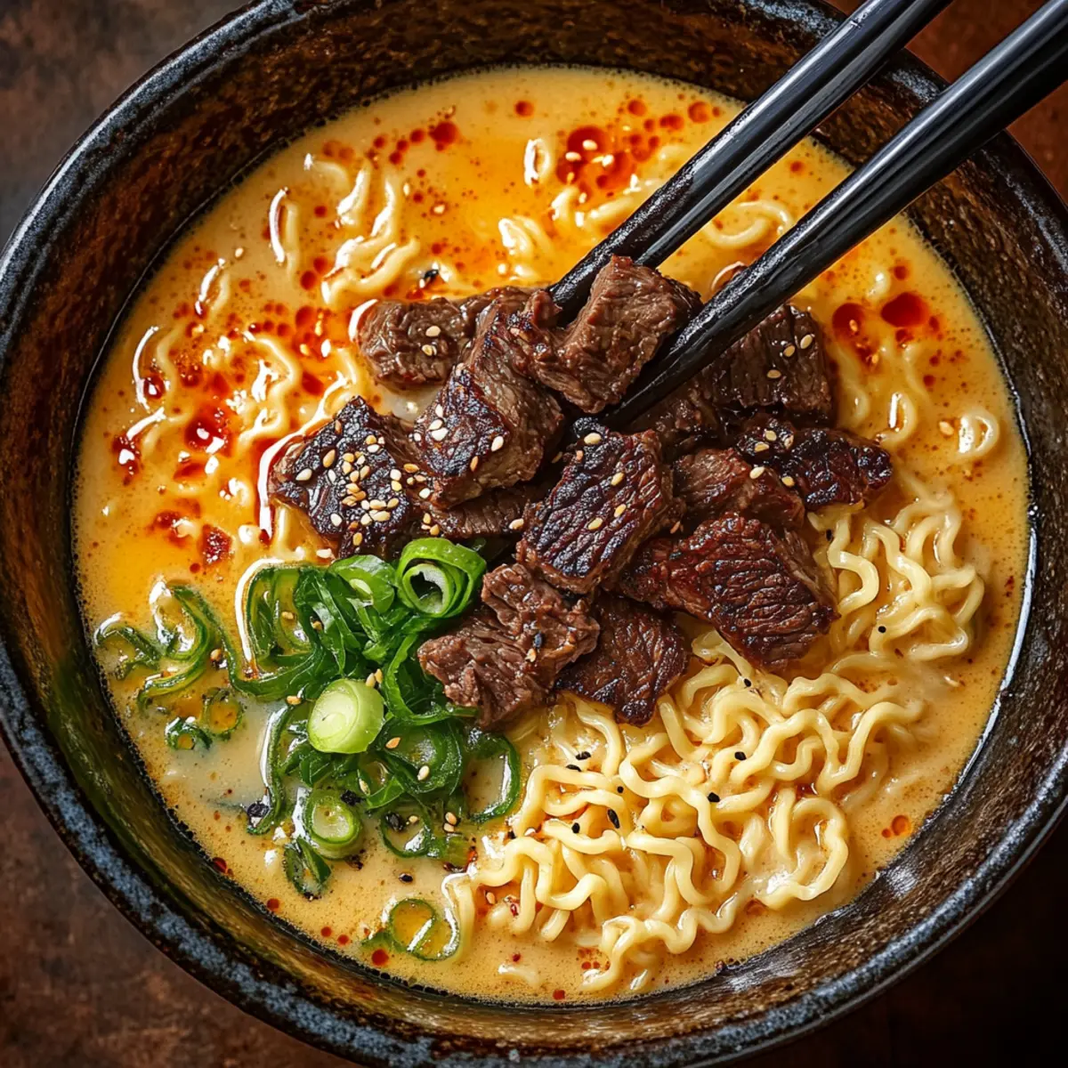 Spicy Korean Ramen with Grilled Beef and Creamy Sauce