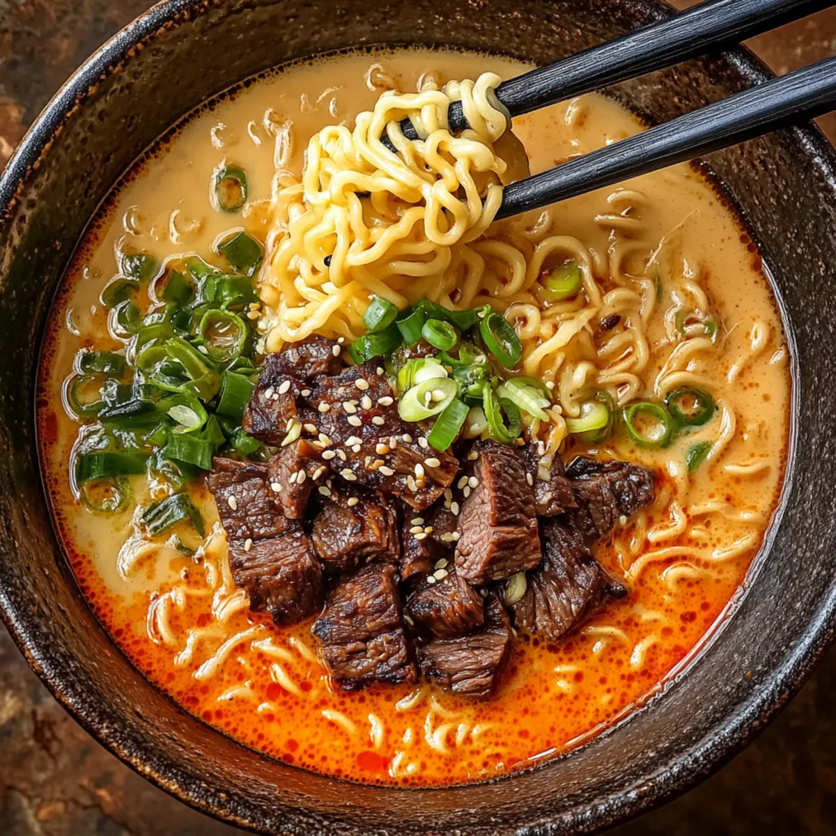 Spicy Korean Ramen with Grilled Beef and Creamy Sauce