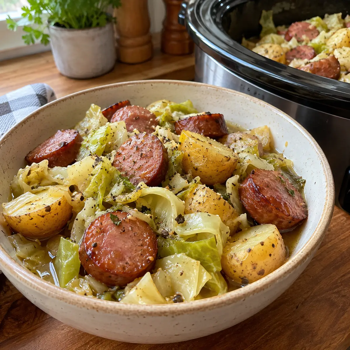 Slow Cooker Sausage, Cabbage and Potatoes with smoky kielbasa