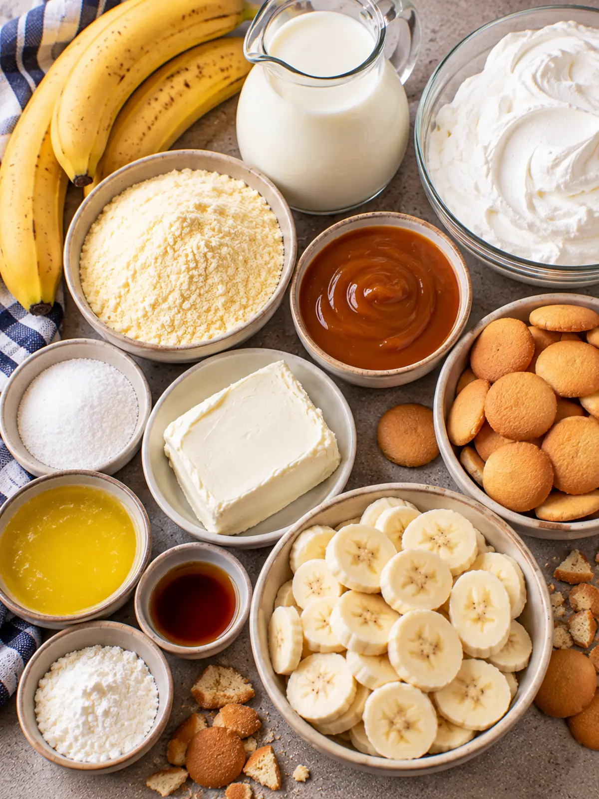 Banana Caramel Cream Pudding Casserole - A Delicious Treat — ingredients flat lay