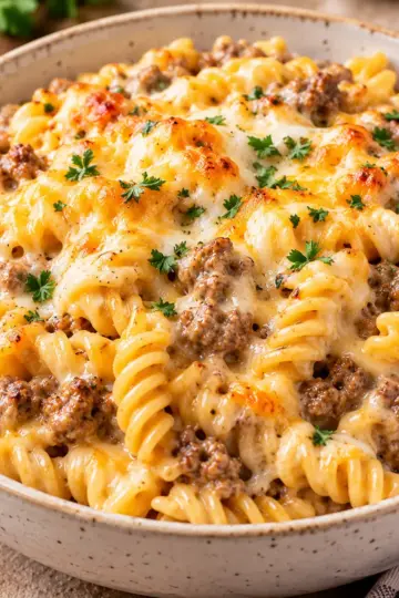 Beef Rotini in Four Cheese Cream Sauce — featured