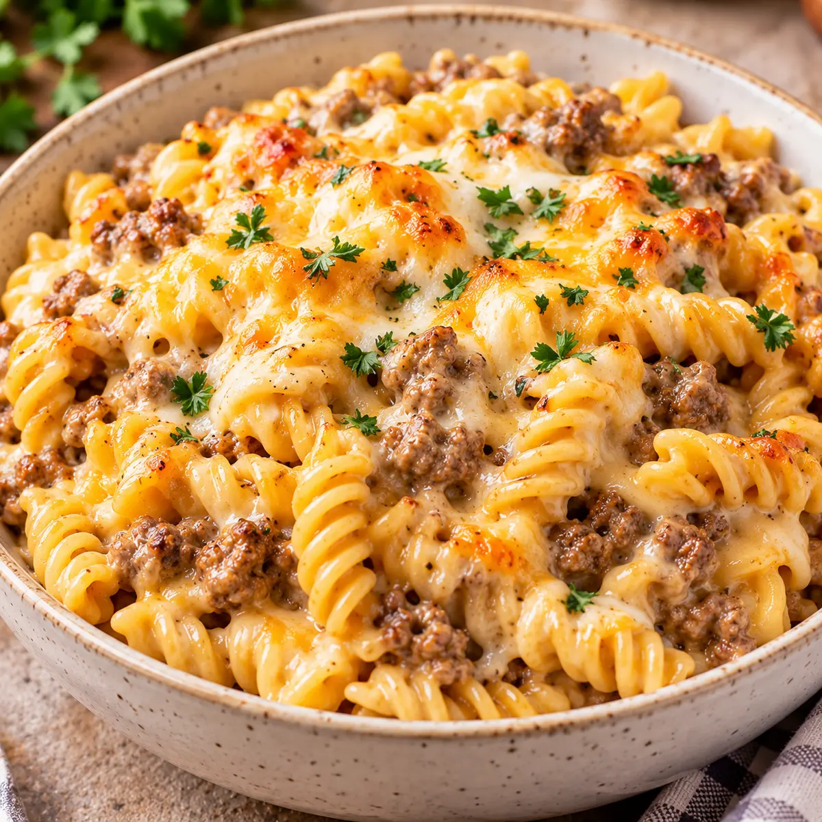 Beef Rotini in Four Cheese Cream Sauce — featured