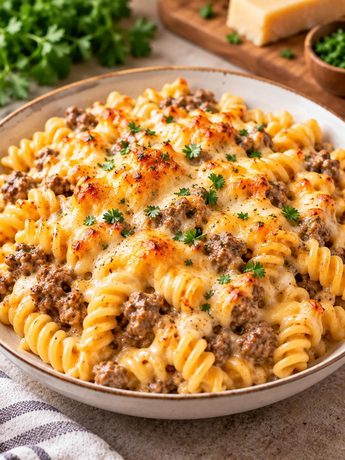Beef Rotini in Four Cheese Cream Sauce — finished dish