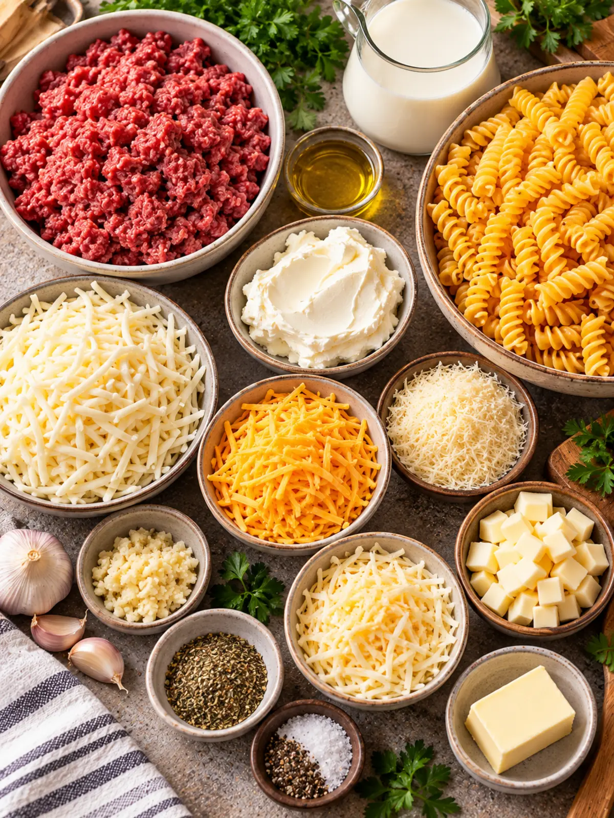 Beef Rotini in Four Cheese Cream Sauce — ingredients flat-lay