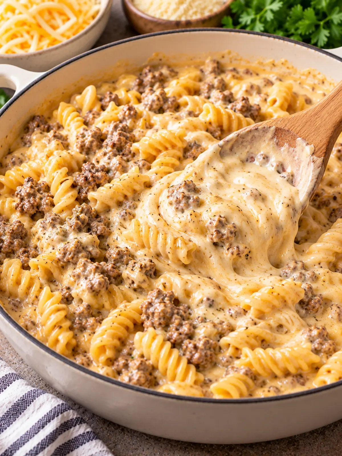 Beef Rotini in Four Cheese Cream Sauce — process transformation