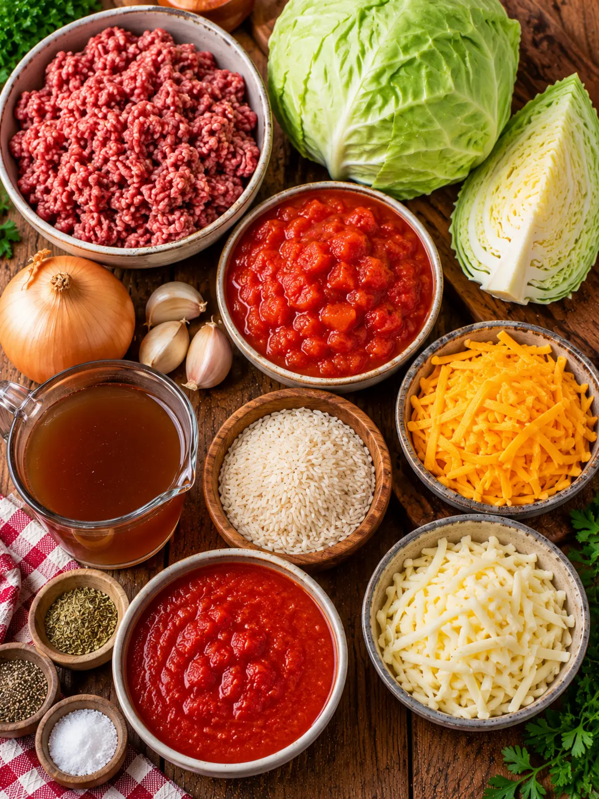 Cabbage Roll Casserole - A Comforting Dinner Recipe — ingredients flat lay