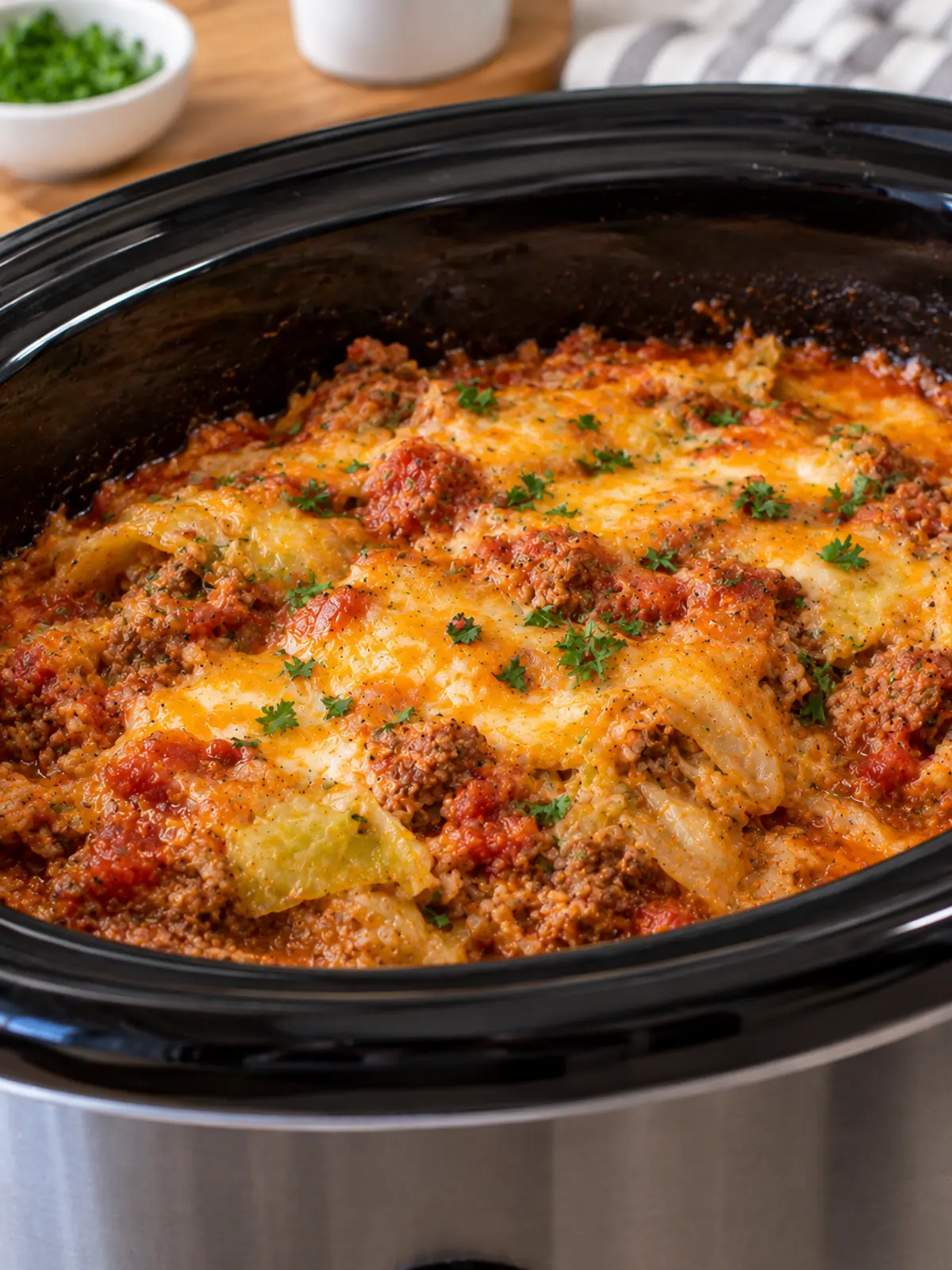 Cabbage Roll Casserole with Ground Beef — bubbling casserole