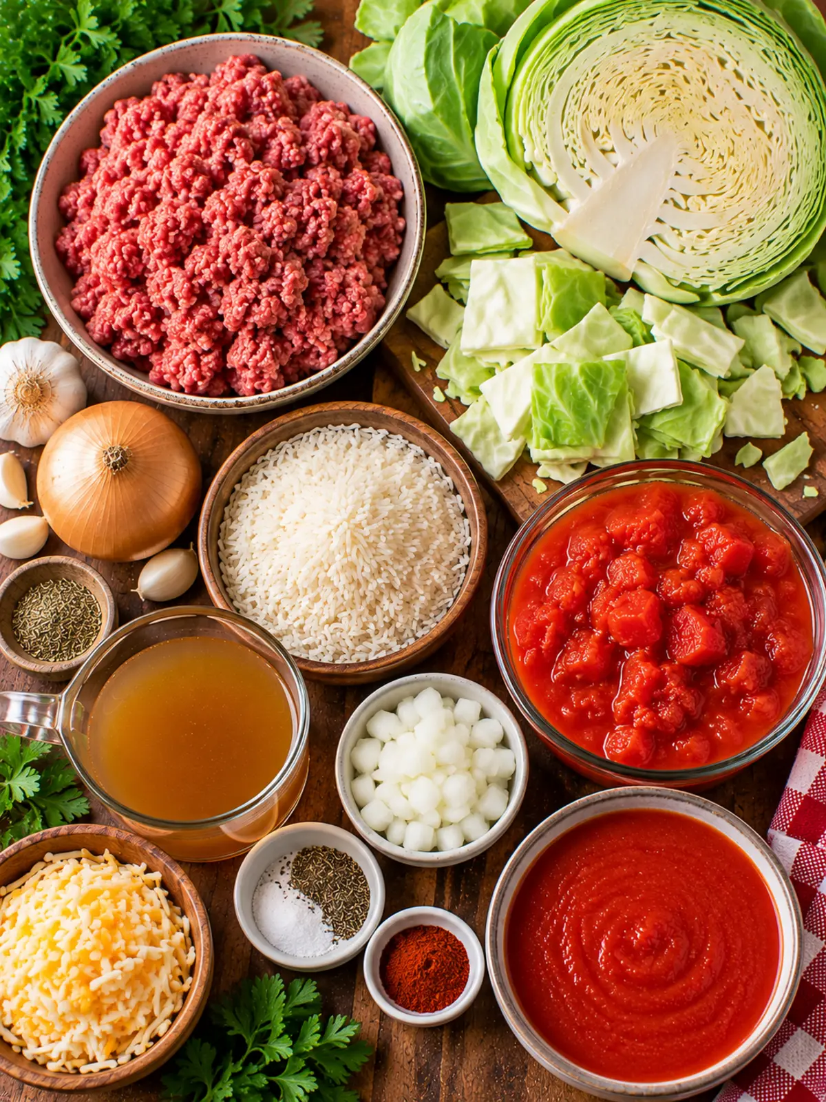Cabbage Roll Casserole with Ground Beef — ingredients flat lay