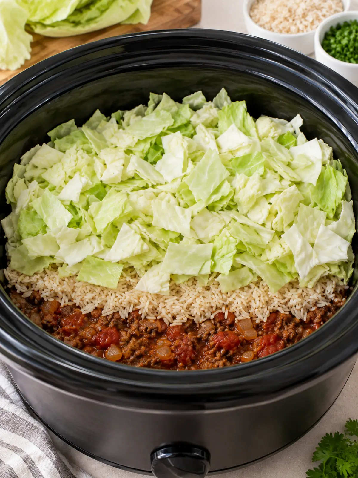 Cabbage Roll Casserole with Ground Beef — layered ingredients
