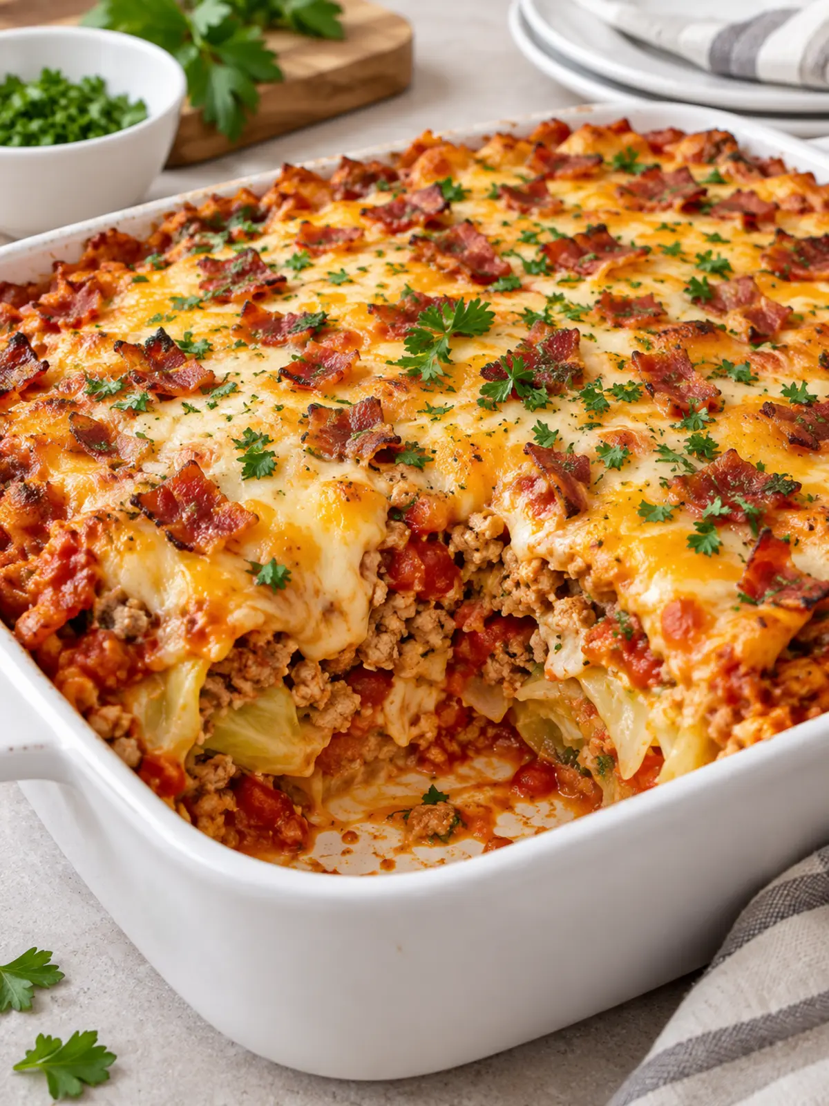 Cabbage Roll Casserole with Turkey Bacon — finished dish presentation