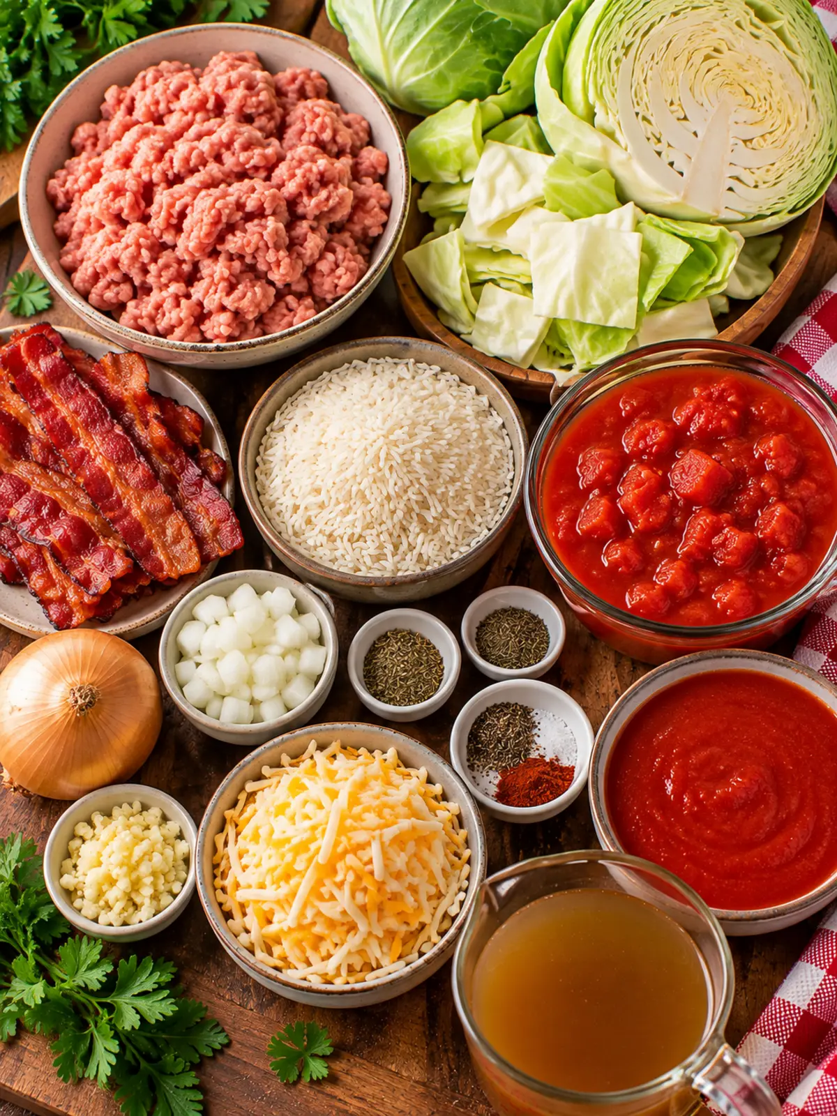 Cabbage Roll Casserole with Turkey Bacon — ingredients flat lay