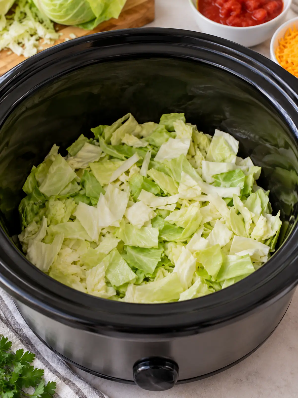 Cabbage Roll Casserole with Turkey Bacon — layering process