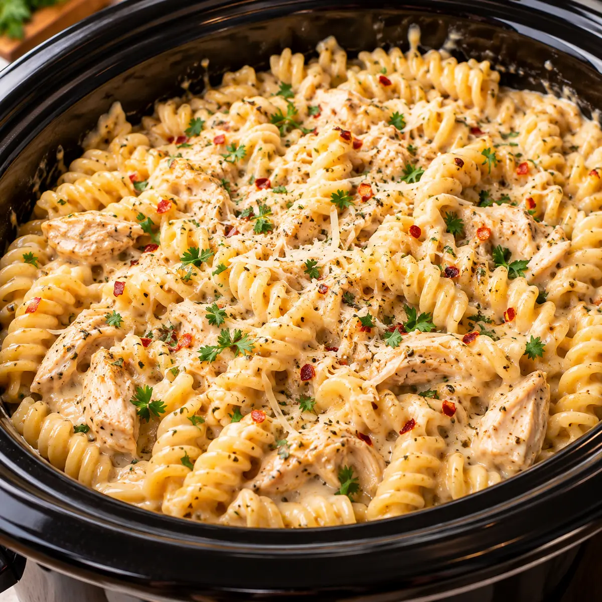 Crockpot Garlic Parmesan Chicken Pasta Recipe — featured