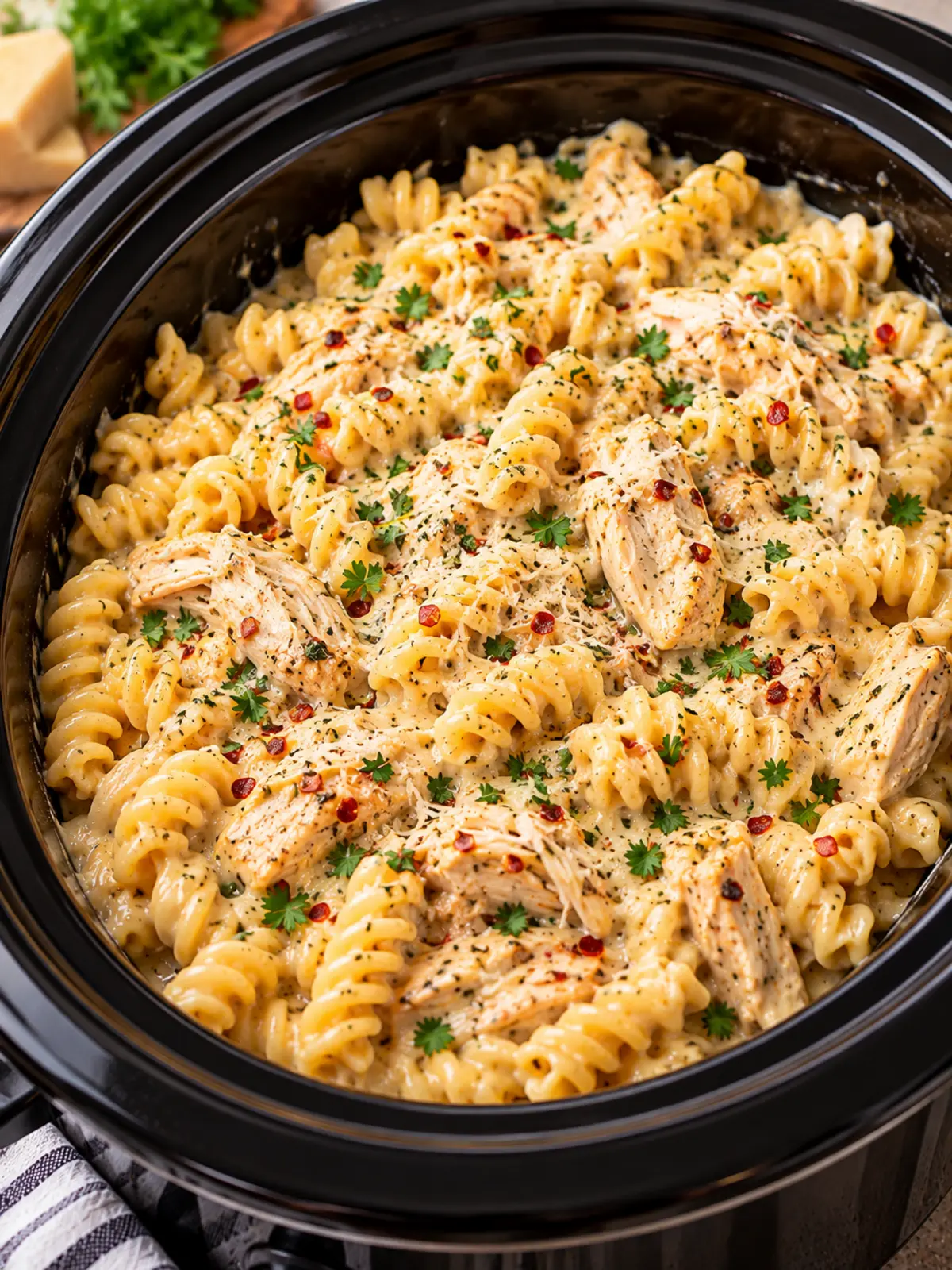 Crockpot Garlic Parmesan Chicken Pasta Recipe — finished dish