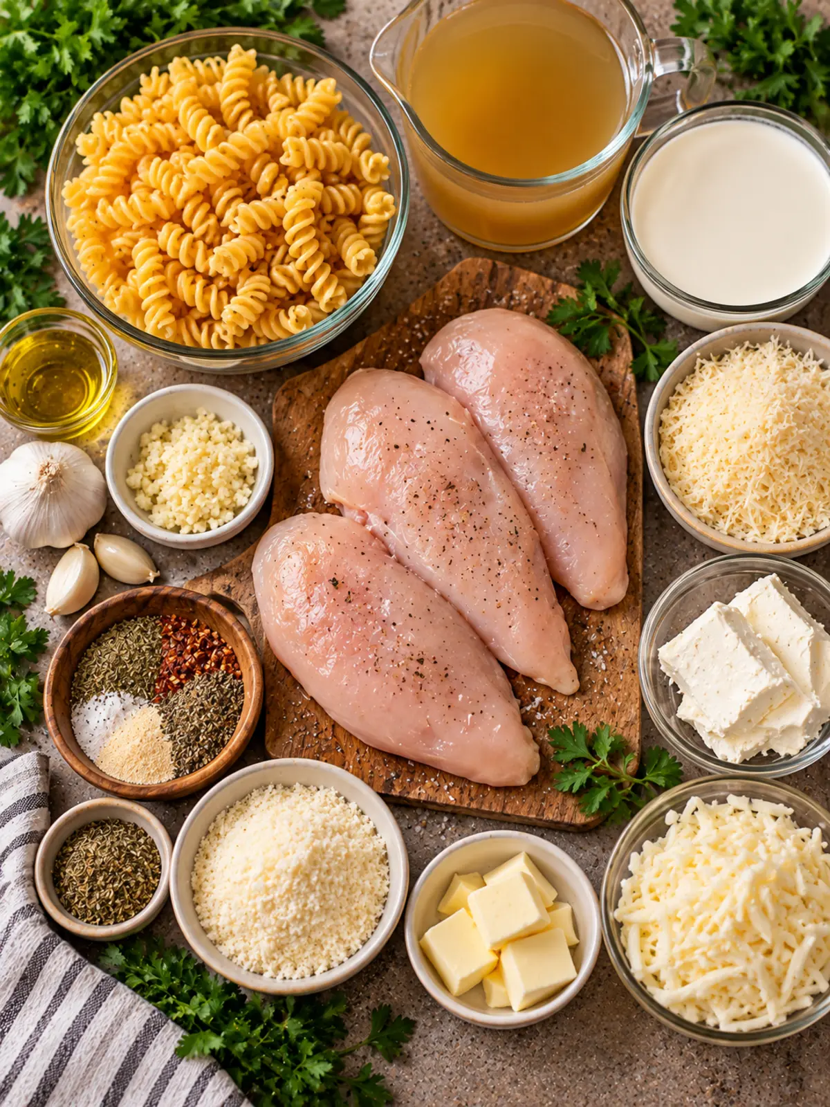 Crockpot Garlic Parmesan Chicken Pasta Recipe — ingredients flat lay