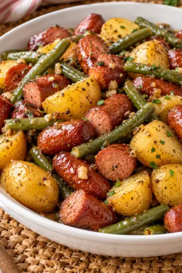 Crockpot Lil Smokies Potatoes and Green Beans Recipe — featured