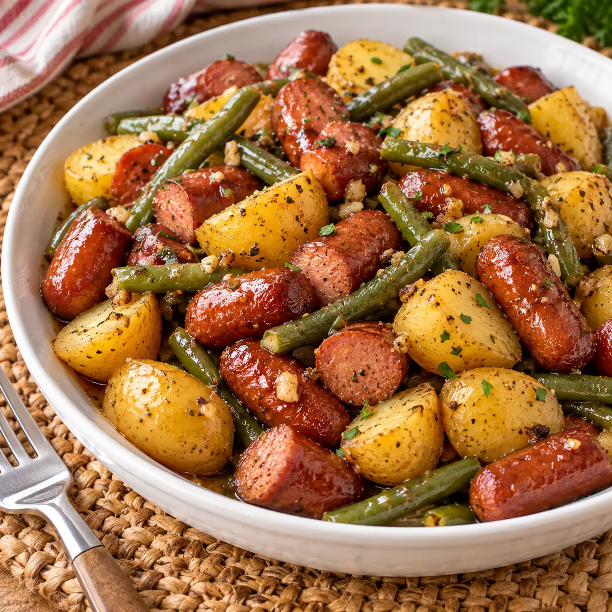 Crockpot Lil Smokies Potatoes and Green Beans Recipe — featured