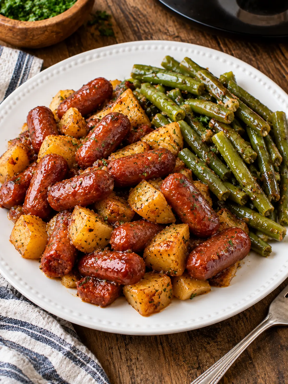 Crockpot Lil Smokies Potatoes and Green Beans Recipe — final dish showcase