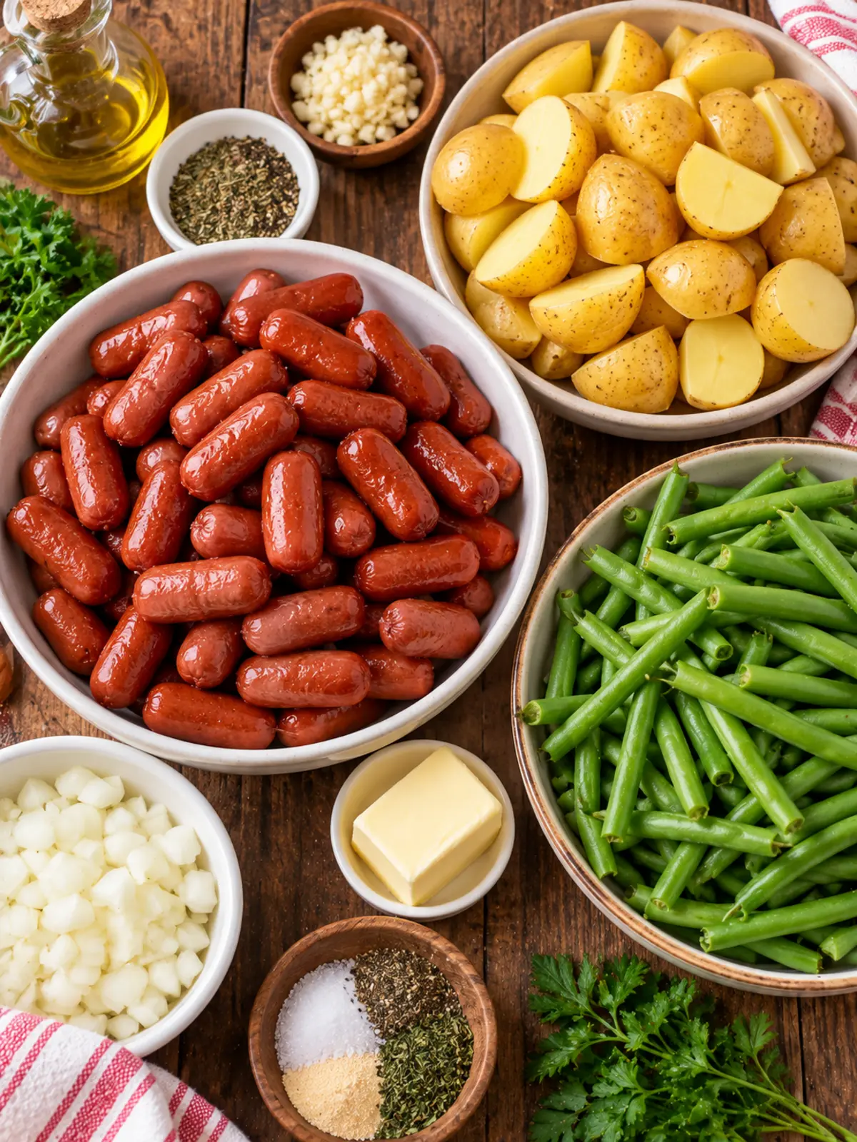 Crockpot Lil Smokies Potatoes and Green Beans Recipe — ingredients flat lay