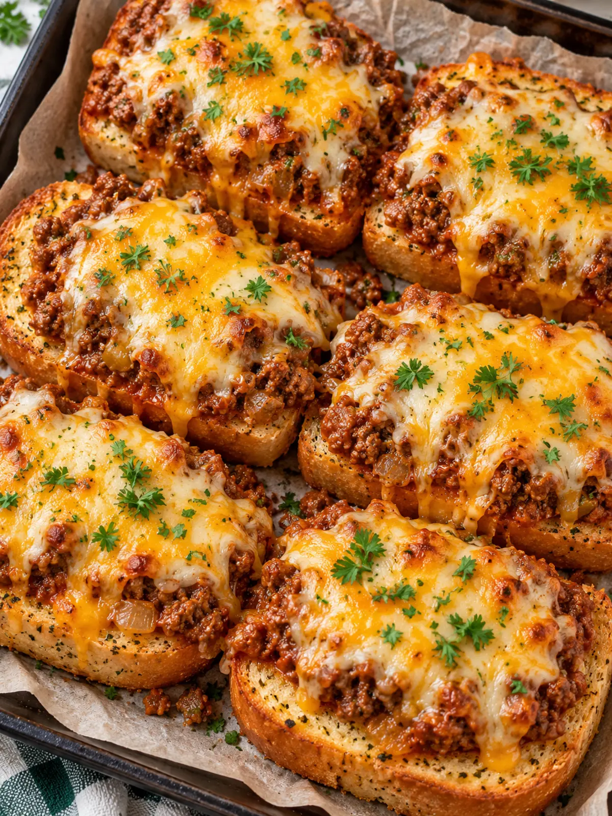 Garlic Bread Sloppy Joes - Comfort Food Delight — finished dish showcasing melted cheese and sloppy joe filling.