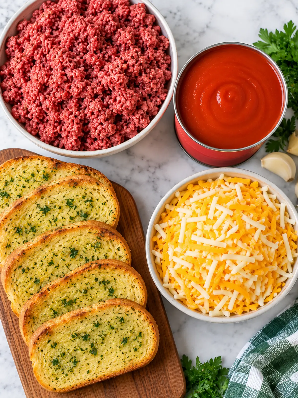 Garlic Bread Sloppy Joes - Comfort Food Delight — ingredients flat-lay for garlic bread sloppy joes.