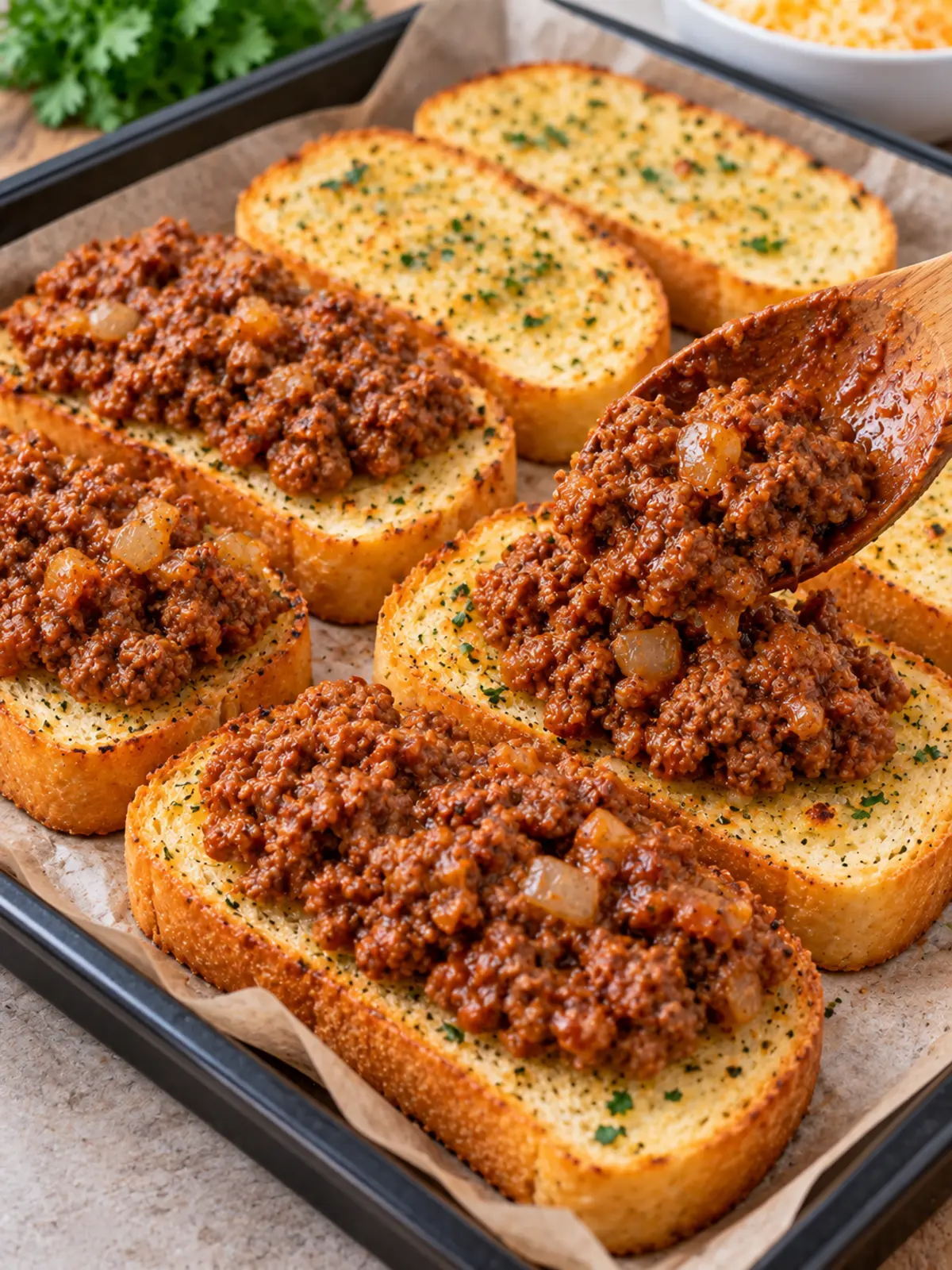 Garlic Bread Sloppy Joes - Comfort Food Delight — layering sloppy joe filling on garlic bread.
