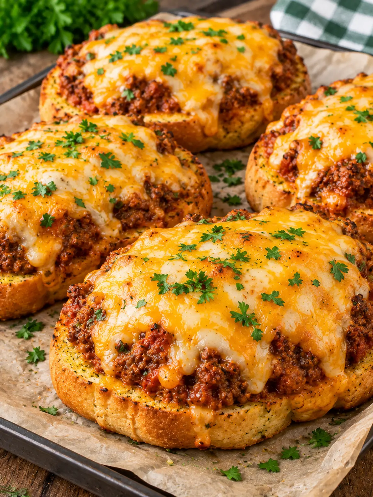 Garlic Bread Sloppy Joes - Comfort Food Delight — melted cheese on topped bread before serving.