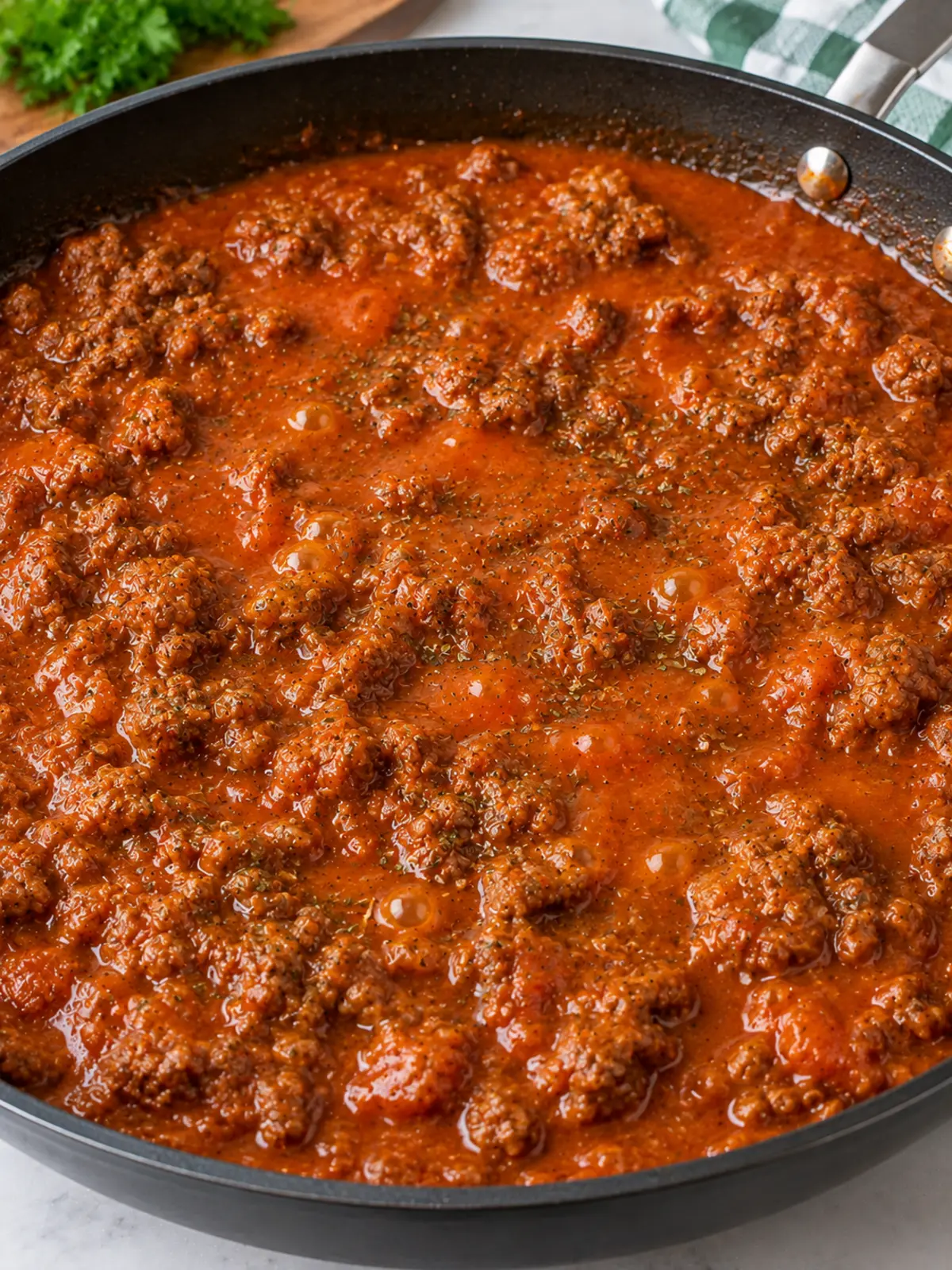 Garlic Bread Sloppy Joes - Comfort Food Delight — simmering sauce illustrating mix of ingredients.