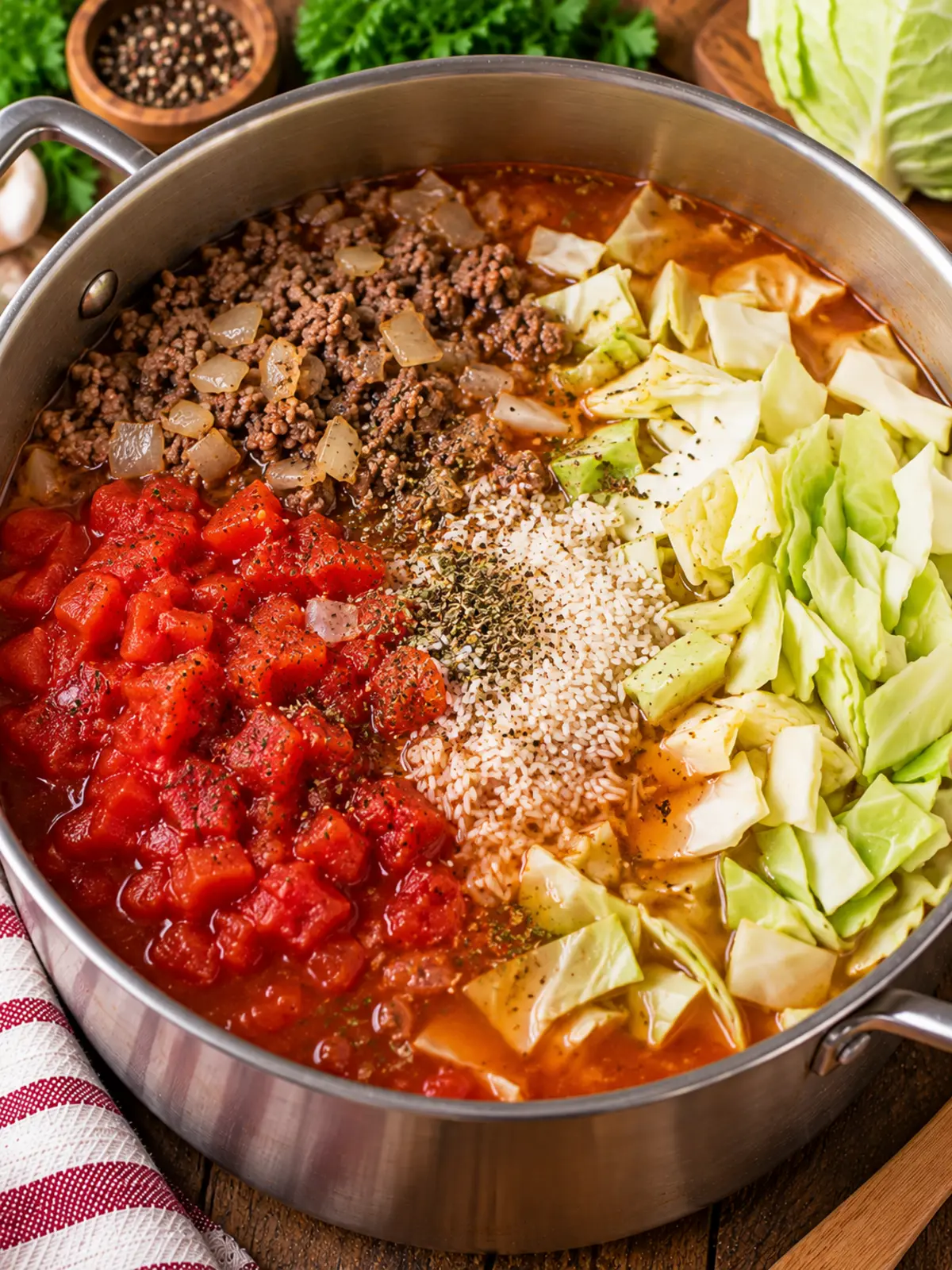 Hamburger Cabbage Soup: Hearty and Filling — combining ingredients