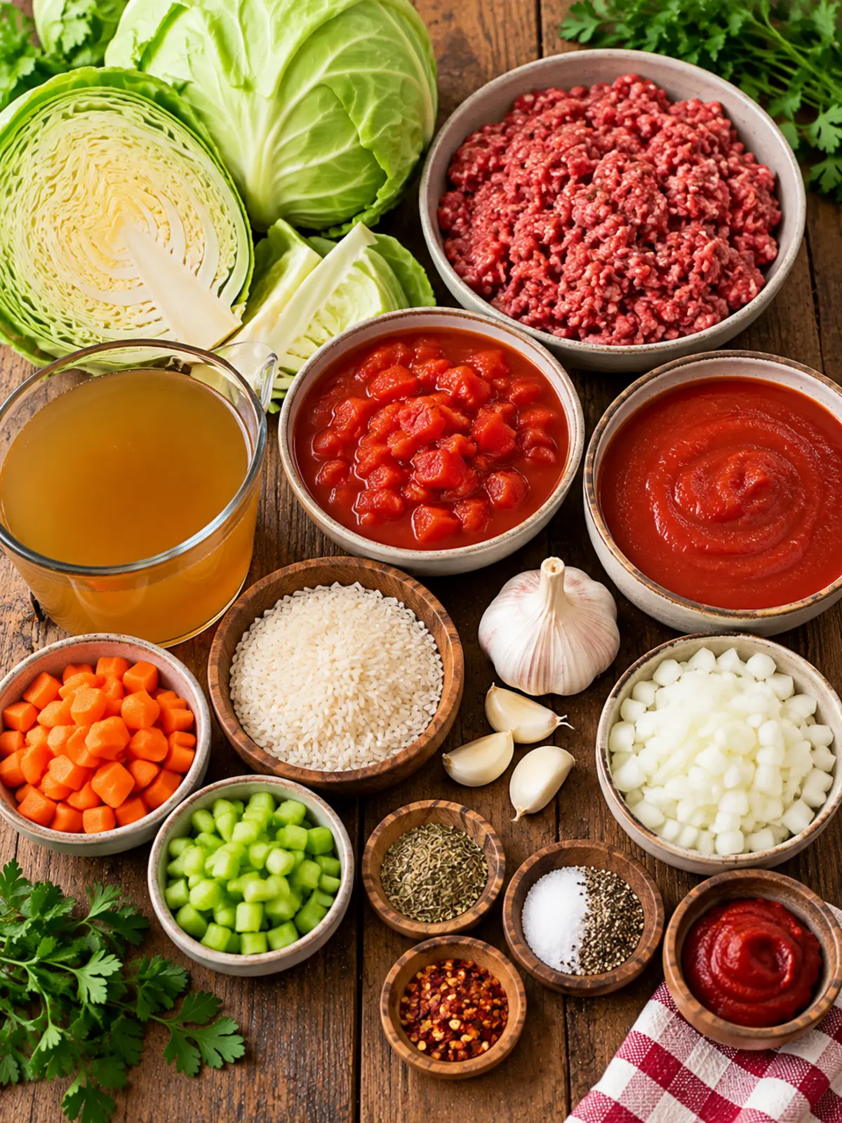 Hamburger Cabbage Soup: Hearty and Filling — ingredients flat-lay