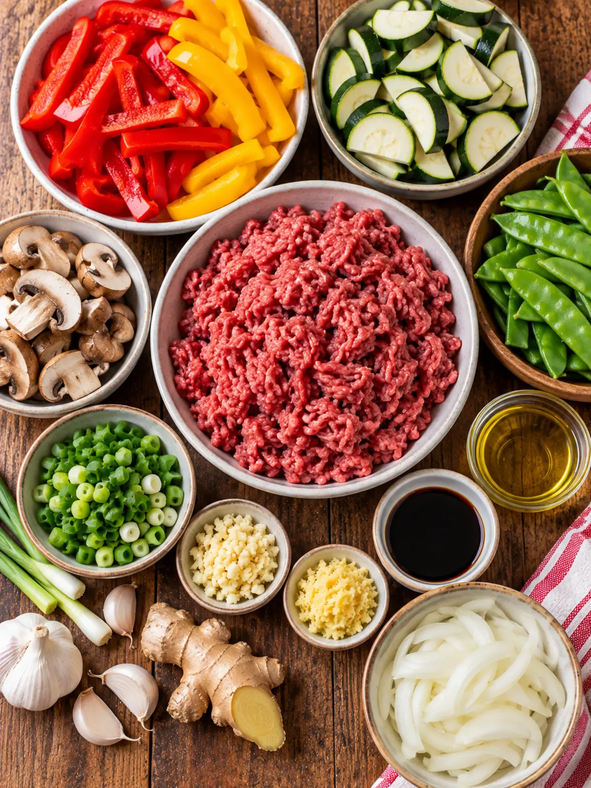 Healthy Chinese Ground Beef Stir Fry Recipe — ingredients flat lay