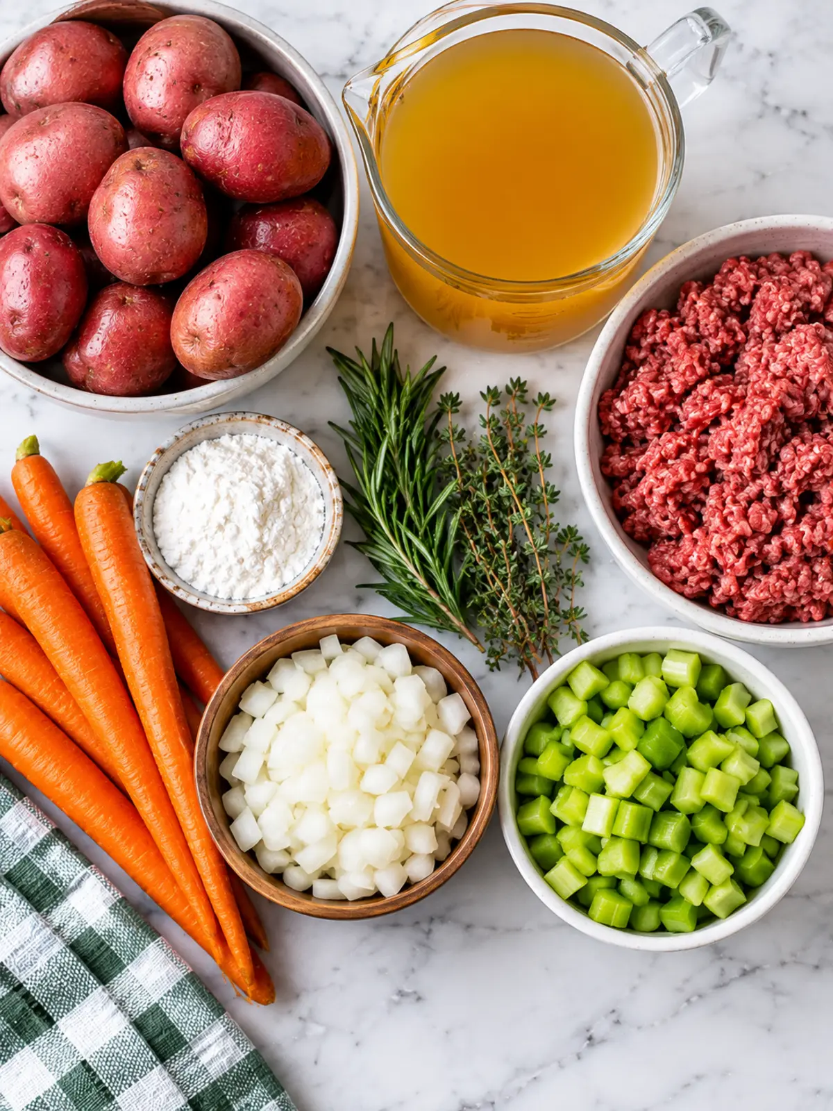 Slow Cooker Ground Beef Stew for Hearty Comfort — ingredients flat lay