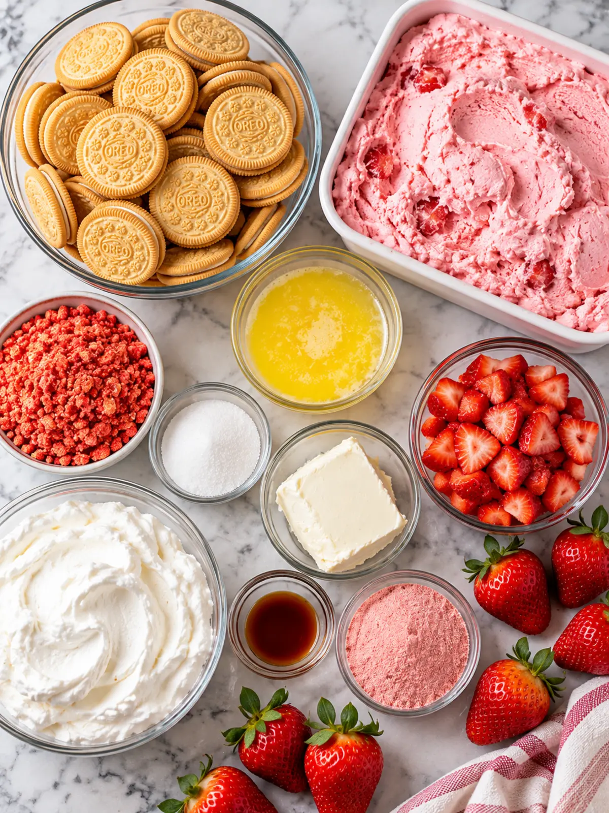 Strawberry Crunch Ice Cream Cake - A Fun Dessert — ingredients flat lay