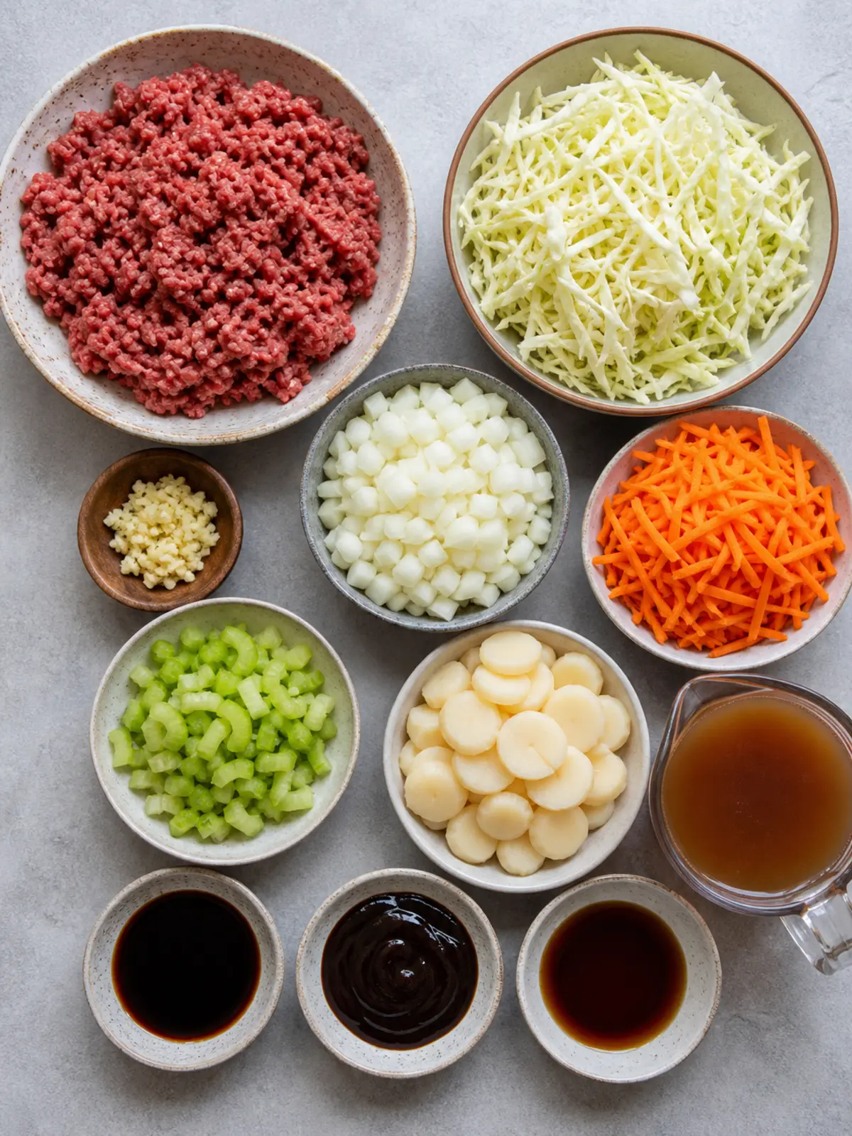 Ground Beef Chow Mein Slow Cooker Recipe — ingredients flat lay
