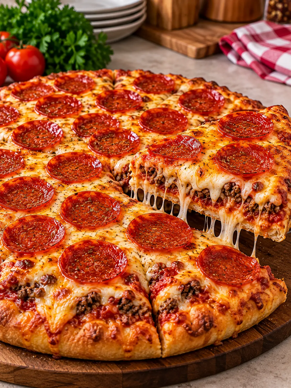 Pepperoni Cheeseburger Pizza — finished pizza beauty shot