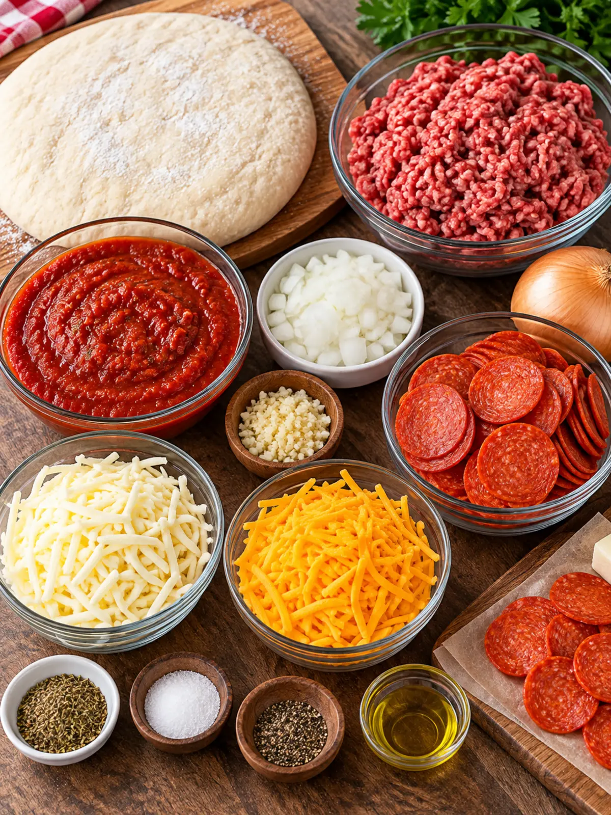 Pepperoni Cheeseburger Pizza — ingredients flat-lay