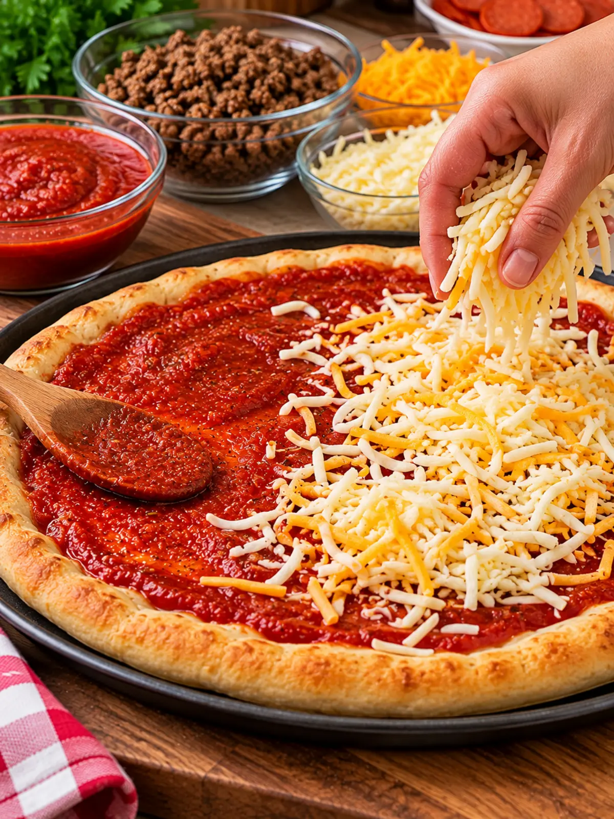 Pepperoni Cheeseburger Pizza — layering process