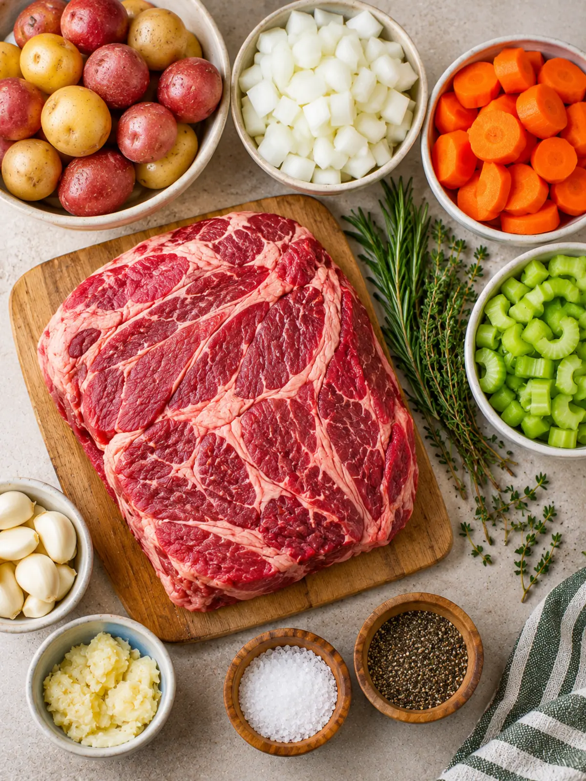 Slow Cooker Pot Roast with Rich Gravy and Veggies — ingredients flat-lay